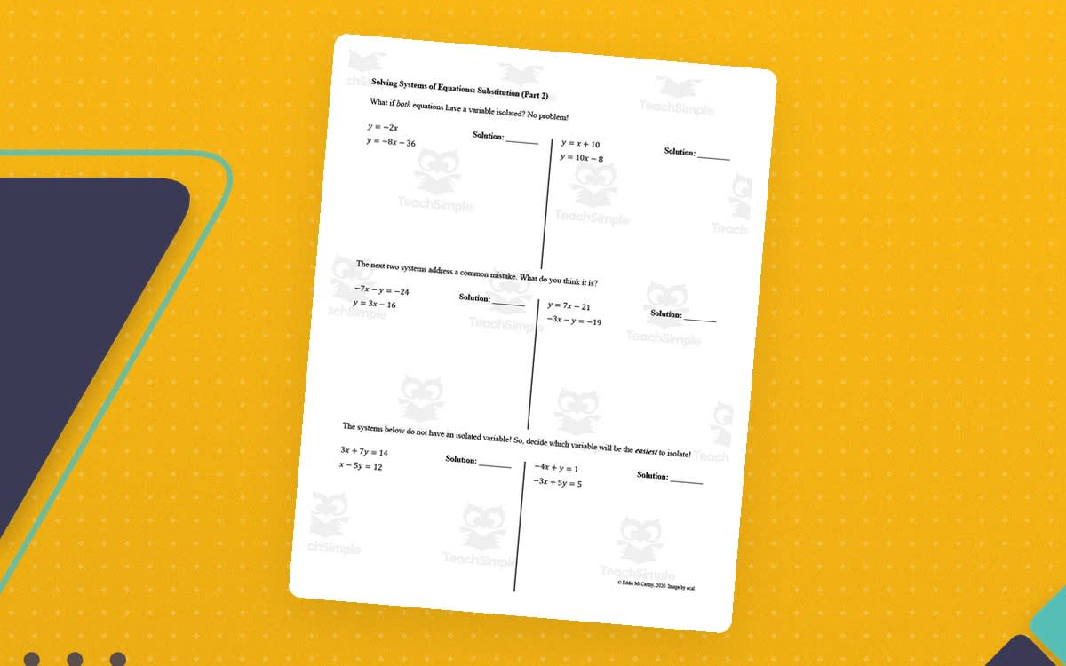 An educational teaching resource from Eddie McCarthy entitled Solving Systems by Substitution Guided Notes + Homework Set downloadable at Teach Simple.