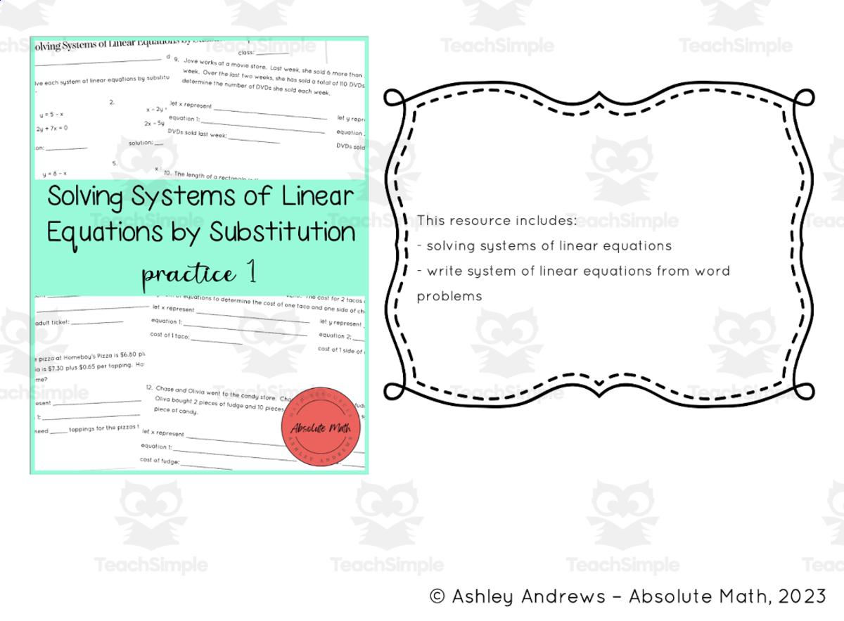 An educational teaching resource from Absolute Math entitled Solving Systems of Linear Equations by Substitution Practice 1 downloadable at Teach Simple.