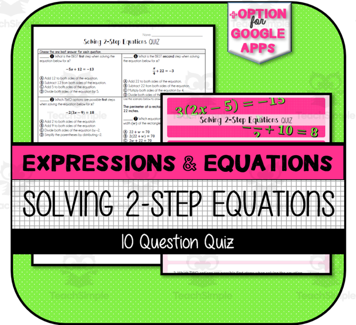 An educational teaching resource from The Math Cafe entitled Solving Two-Step Equations QUIZ downloadable at Teach Simple.