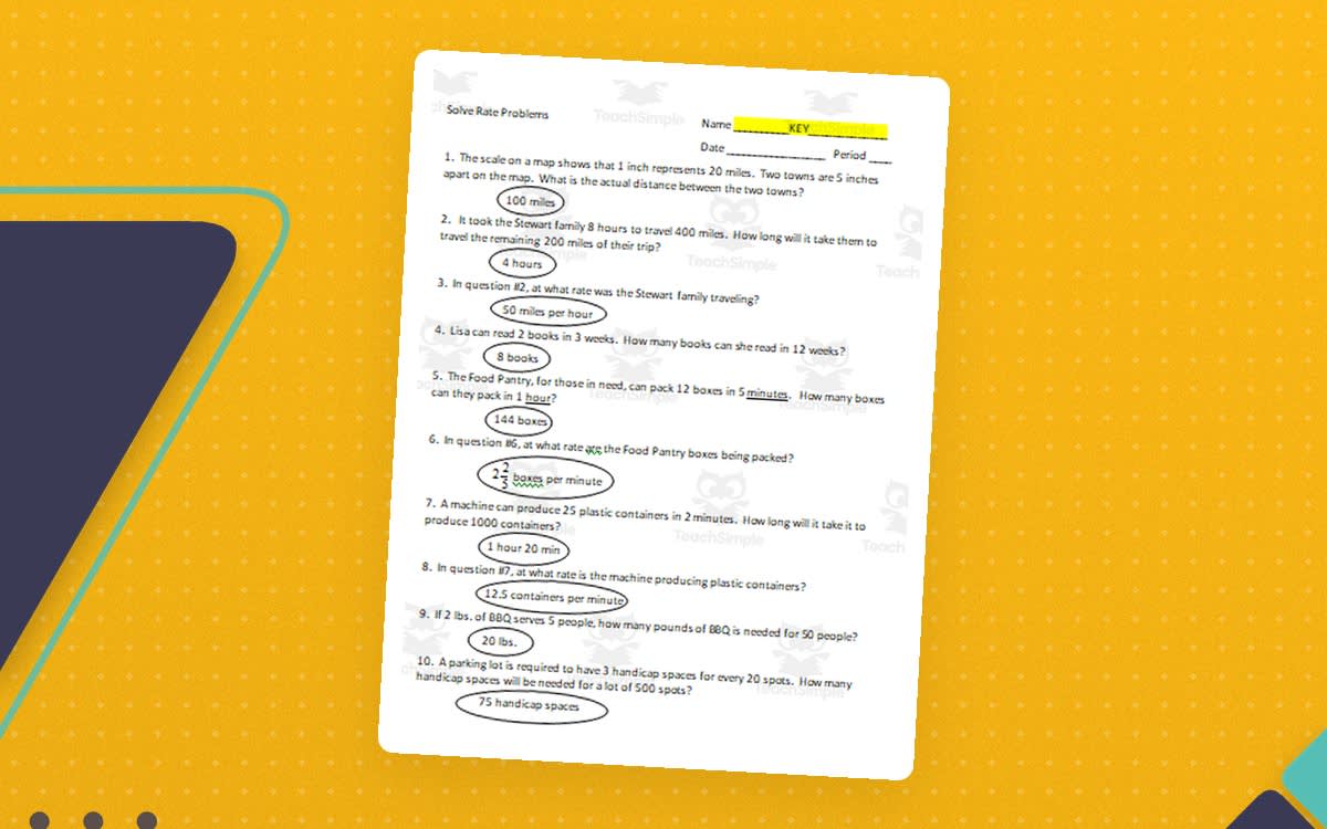 An educational teaching resource from Math Resources With Rigor entitled Solving Unit Rate Problems Practice Sheet downloadable at Teach Simple.