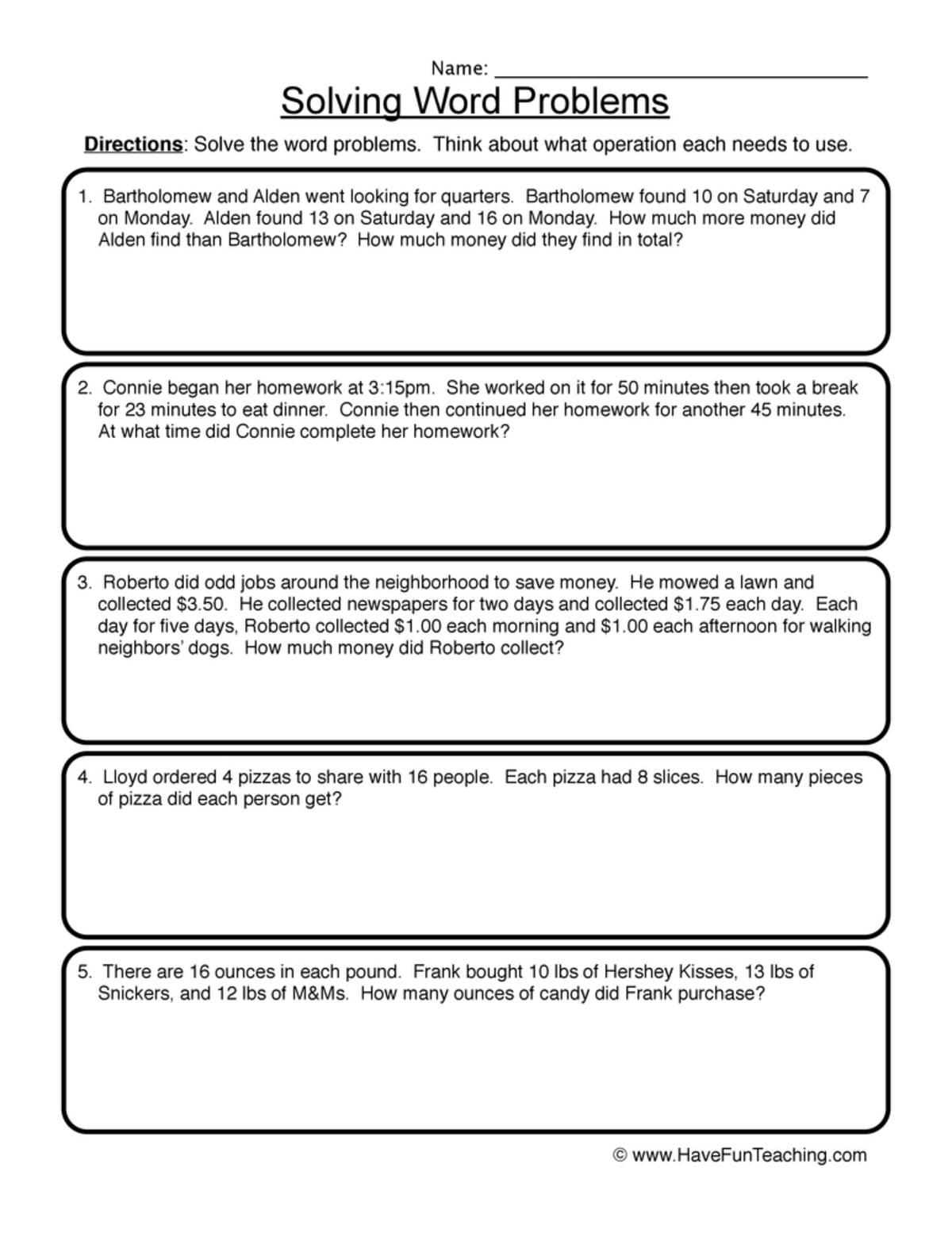 An educational teaching resource from Have Fun Teaching entitled Solving Word Problems Worksheet downloadable at Teach Simple.