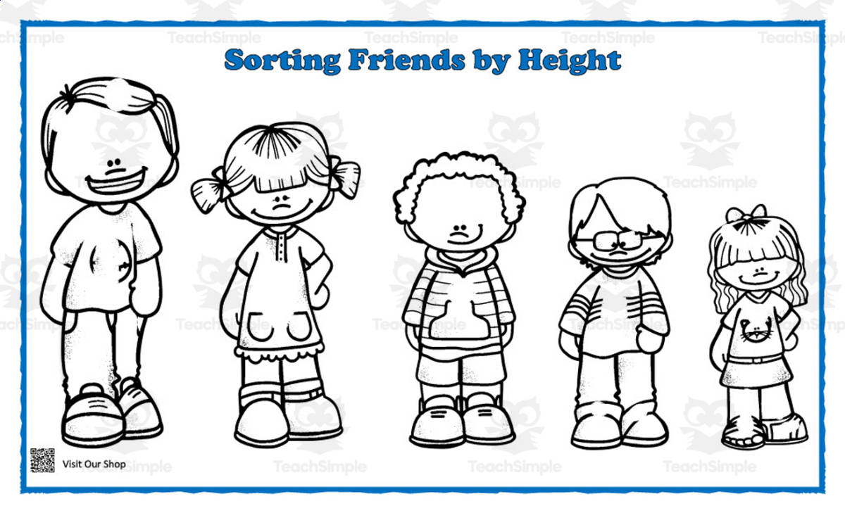 An educational teaching resource from KD's Kids School Shop entitled Sort Friends by Height Worksheet downloadable at Teach Simple.