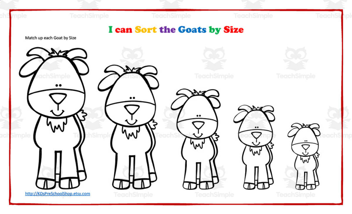 An educational teaching resource from KD's Kids School Shop entitled Sort Goats by Size Worksheet downloadable at Teach Simple.