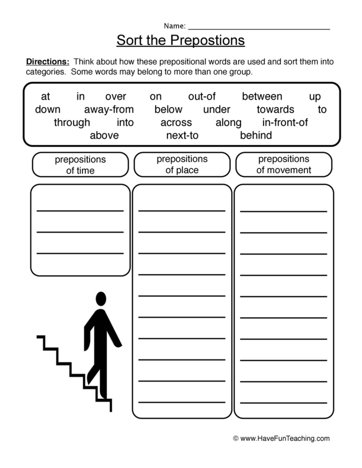 An educational teaching resource from Have Fun Teaching entitled Sort the Prepositions Worksheet downloadable at Teach Simple.