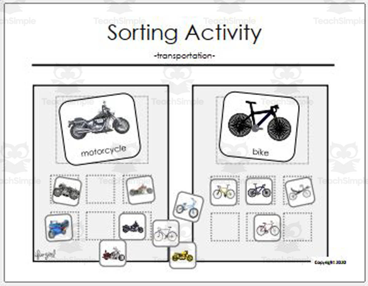 An educational teaching resource from IFIO girl - I'll Figure It Out entitled Sorting Activity: Transportation - Non-identical items downloadable at Teach Simple.