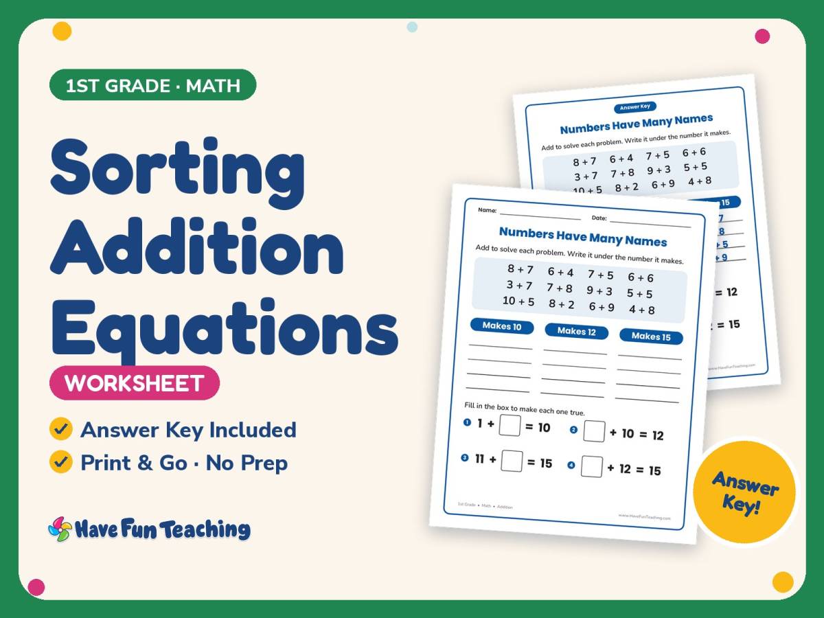 Sorting Addition Equations Worksheet – 1st Grade Math Practice preview