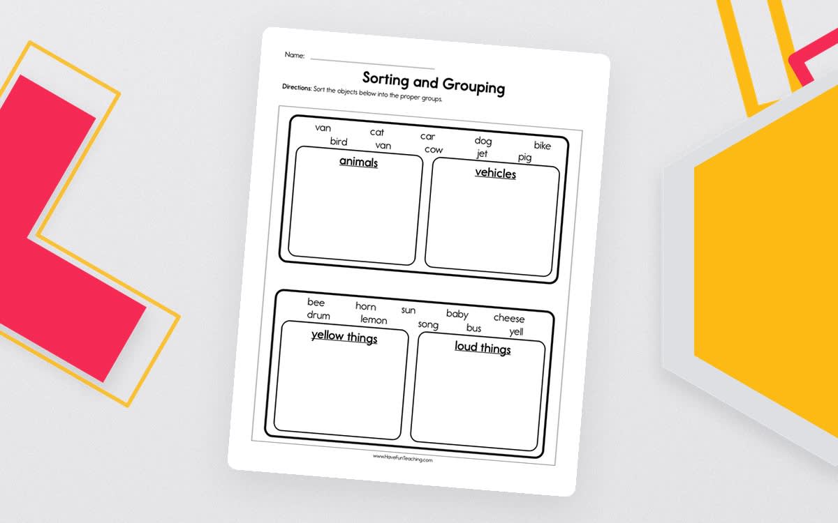 An educational teaching resource from Have Fun Teaching entitled Sorting and Grouping Worksheet downloadable at Teach Simple.