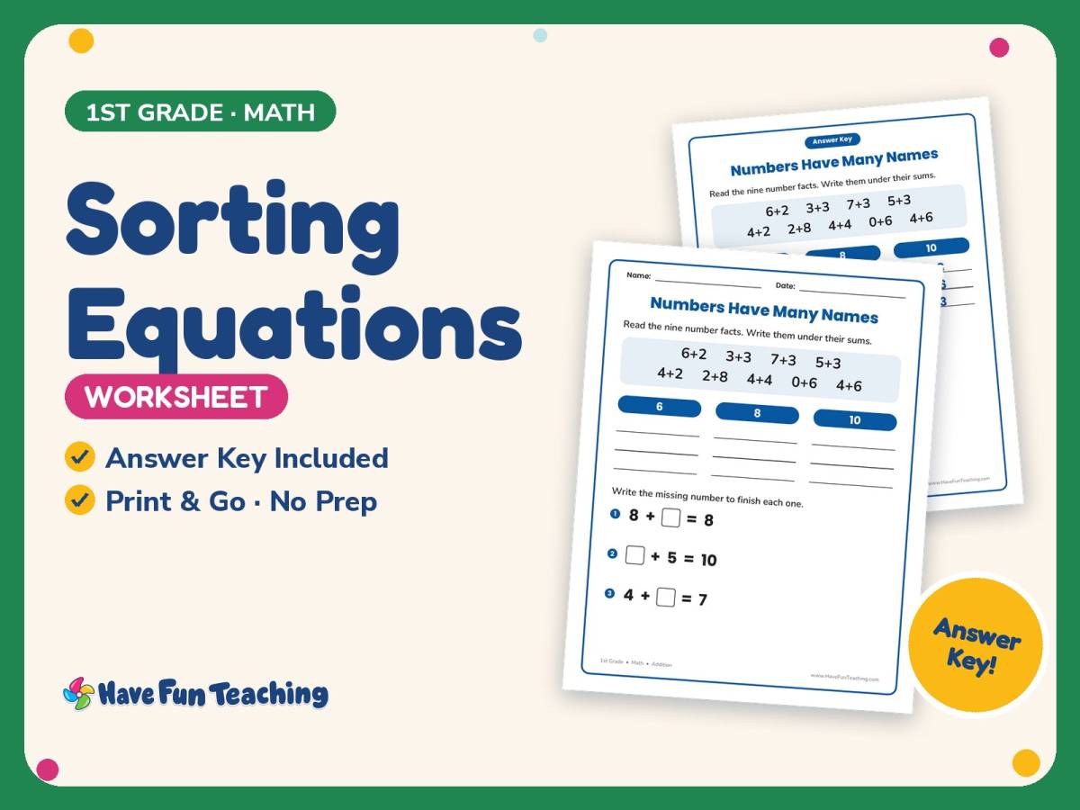 Sorting Equations Worksheet – 1st Grade Addition Practice + Answer Key preview