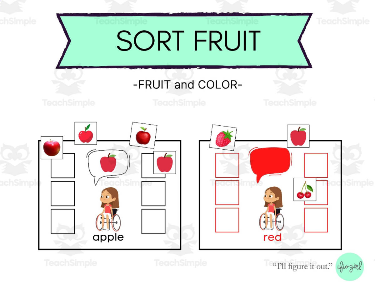 An educational teaching resource from IFIO girl - I'll Figure It Out entitled Sorting - Grouping Activity Non-Identical by FRUIT AND COLOR downloadable at Teach Simple.