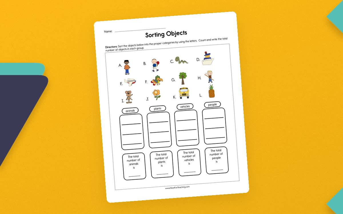 An educational teaching resource from Have Fun Teaching entitled Sorting Objects Worksheet – Group by Category downloadable at Teach Simple.