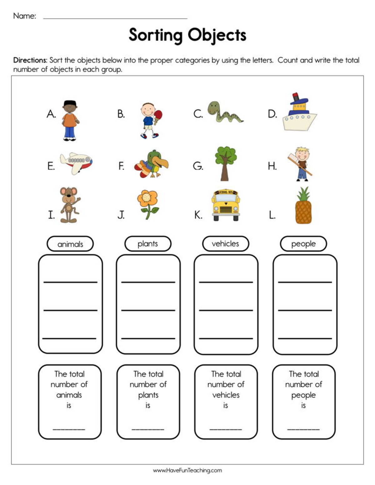 An educational teaching resource from Have Fun Teaching entitled Sorting Objects Worksheet – Group by Category downloadable at Teach Simple.