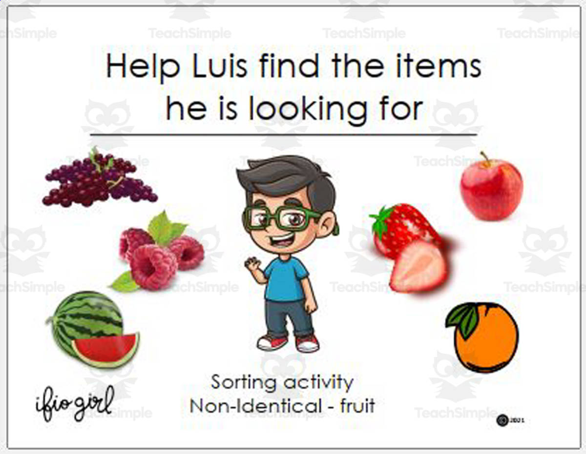 An educational teaching resource from IFIO girl - I'll Figure It Out entitled Sorting/grouping Non Identical fruit downloadable at Teach Simple.