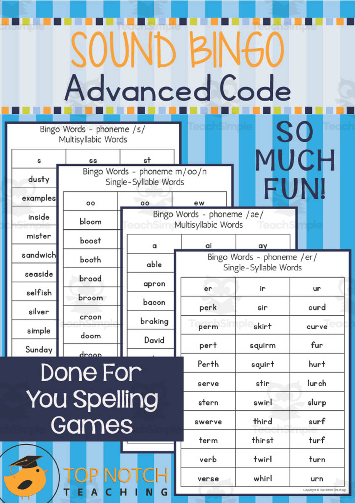 An educational teaching resource from Top Notch Teaching entitled Sound Bingo Advanced Code Games downloadable at Teach Simple.