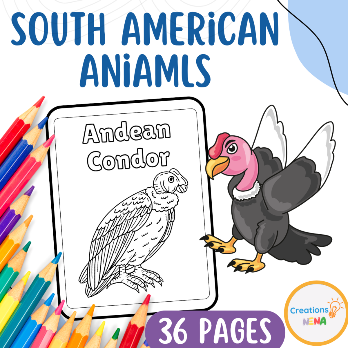 An educational teaching resource from Nena Creations entitled South American Animals Coloring Sheets. downloadable at Teach Simple.