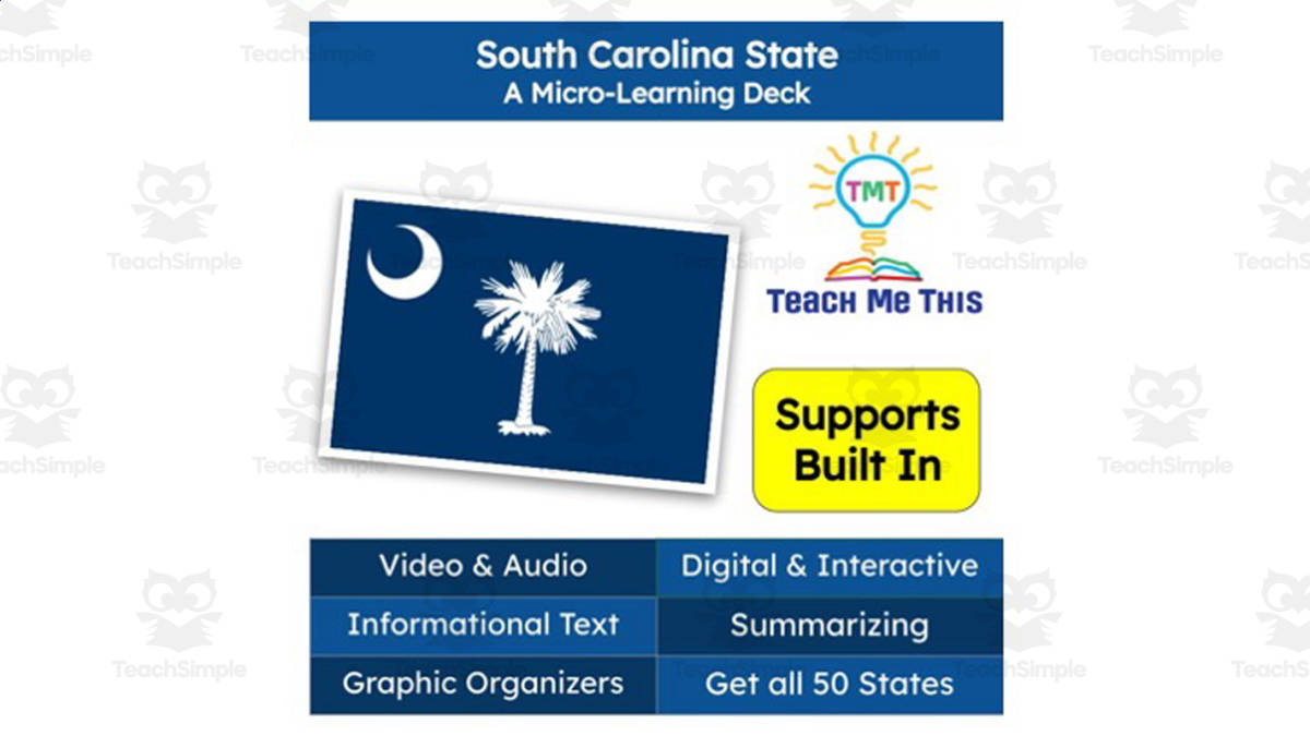 An educational teaching resource from Teach Me This entitled South Carolina: A Micro-Learning Deck | Digital Geography Lesson downloadable at Teach Simple.