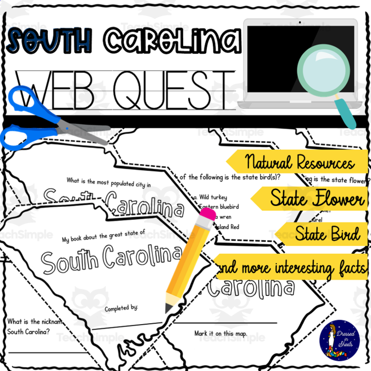 An educational teaching resource from Soumara Siddiqui entitled South Carolina WebQuest Printable Book downloadable at Teach Simple.