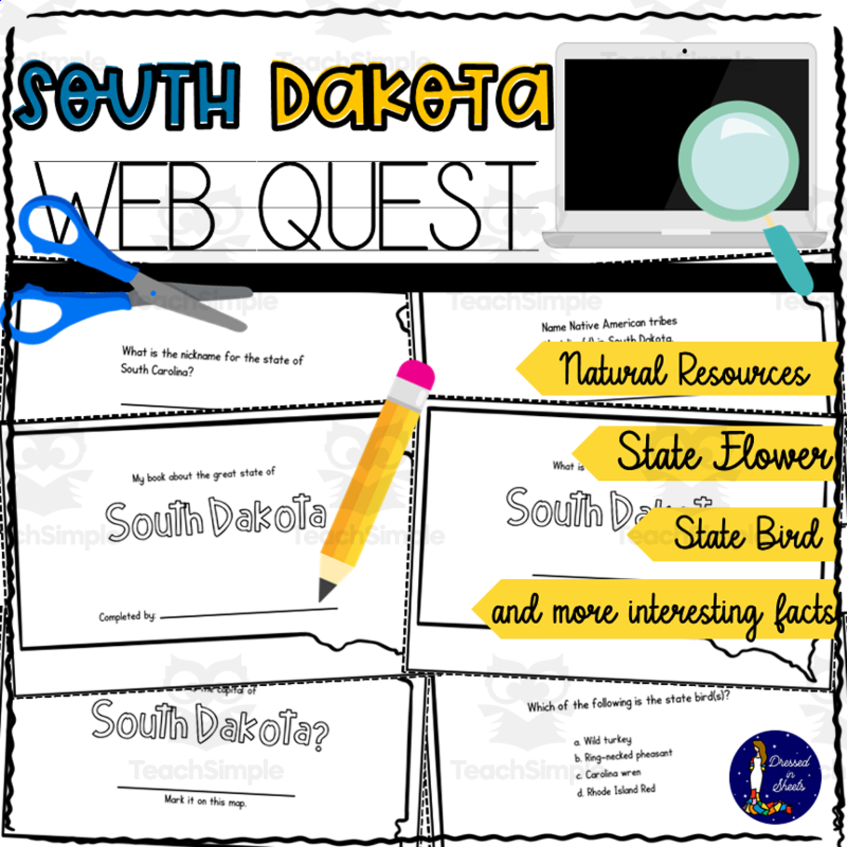 An educational teaching resource from Soumara Siddiqui entitled South Dakota WebQuest Printable Book downloadable at Teach Simple.