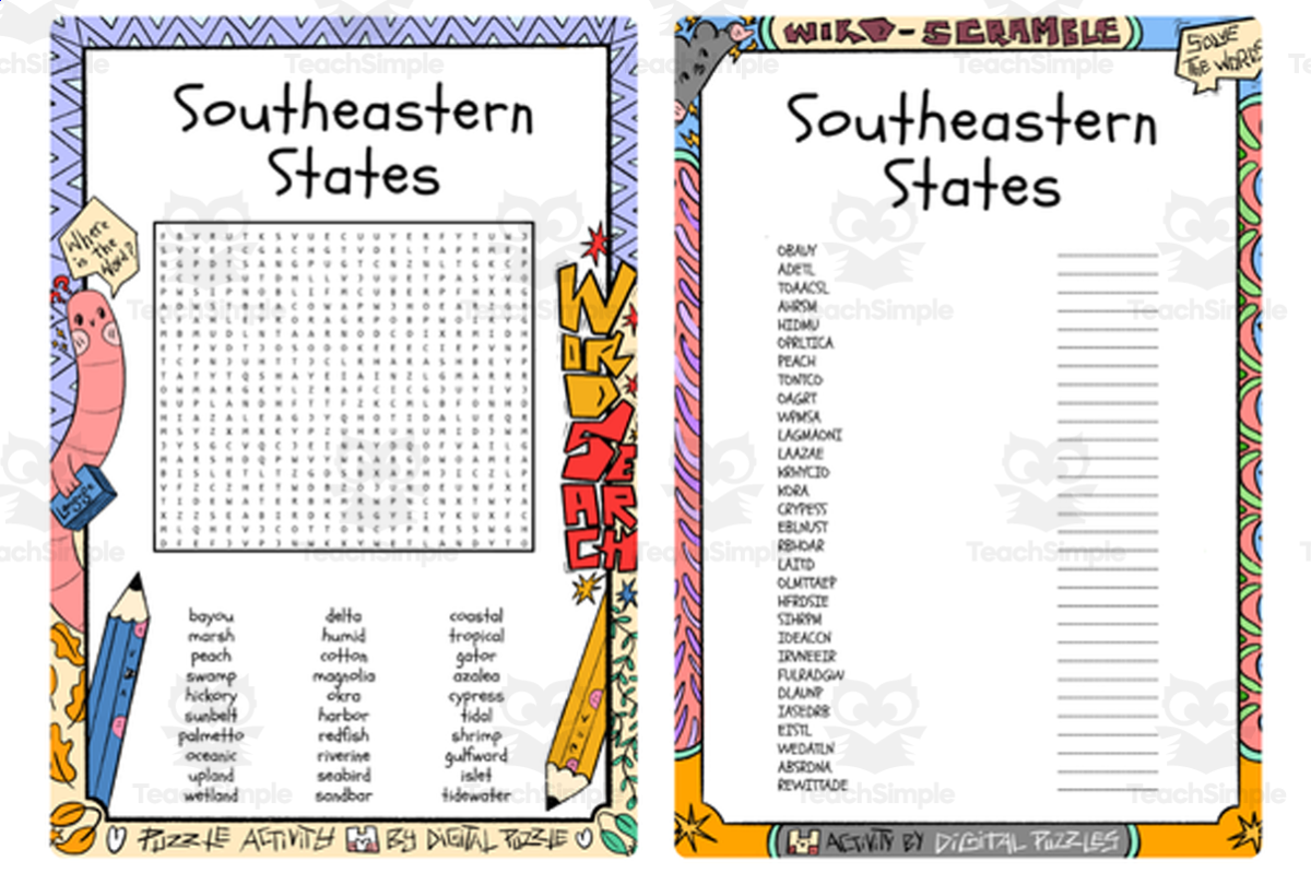 An educational teaching resource from Lapiiin Art Activities entitled Southeastern States word search & scramble downloadable at Teach Simple.