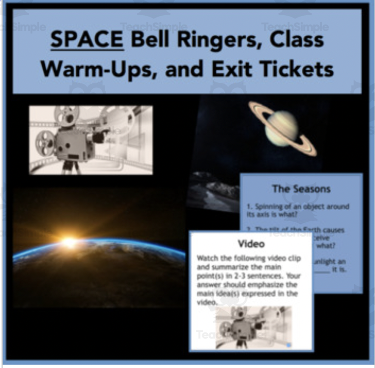 An educational teaching resource from Teach With Fergy entitled Space - Bell Ringers, Class Warm-Ups, and Exit Tickets downloadable at Teach Simple.