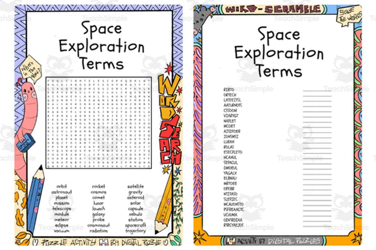 An educational teaching resource from Lapiiin Art Activities entitled Space Exploration Terms word search and word scramble downloadable at Teach Simple.