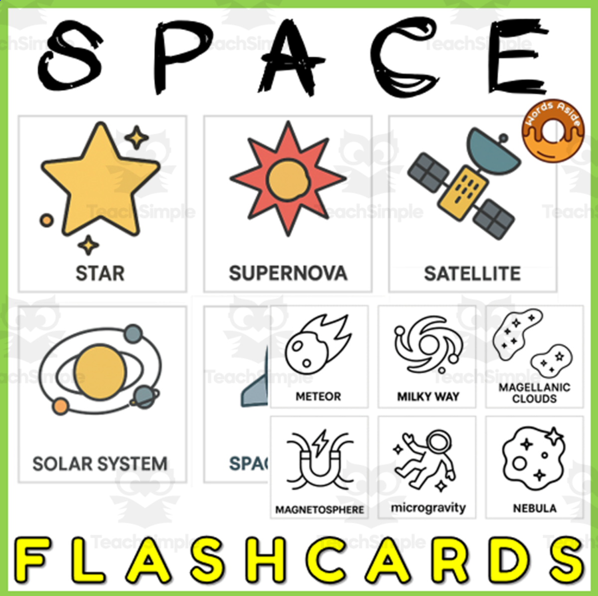 An educational teaching resource from WORDS ASIDE entitled Space Flash Cards Vocabulary Resource downloadable at Teach Simple.