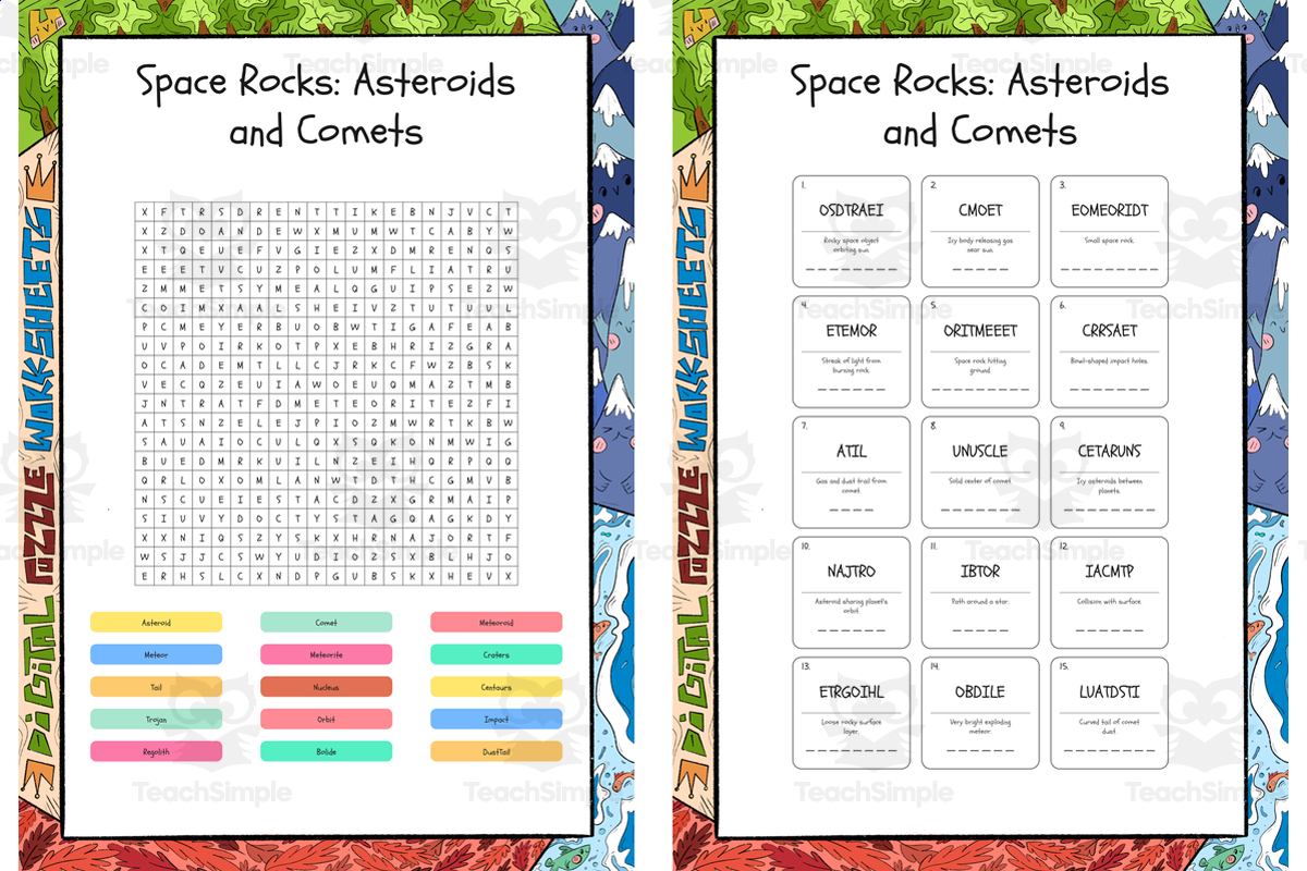 An educational teaching resource from Lapiiin Art Activities entitled Space Rocks Asteroids and Comets word search, scramble and crossword p downloadable at Teach Simple.