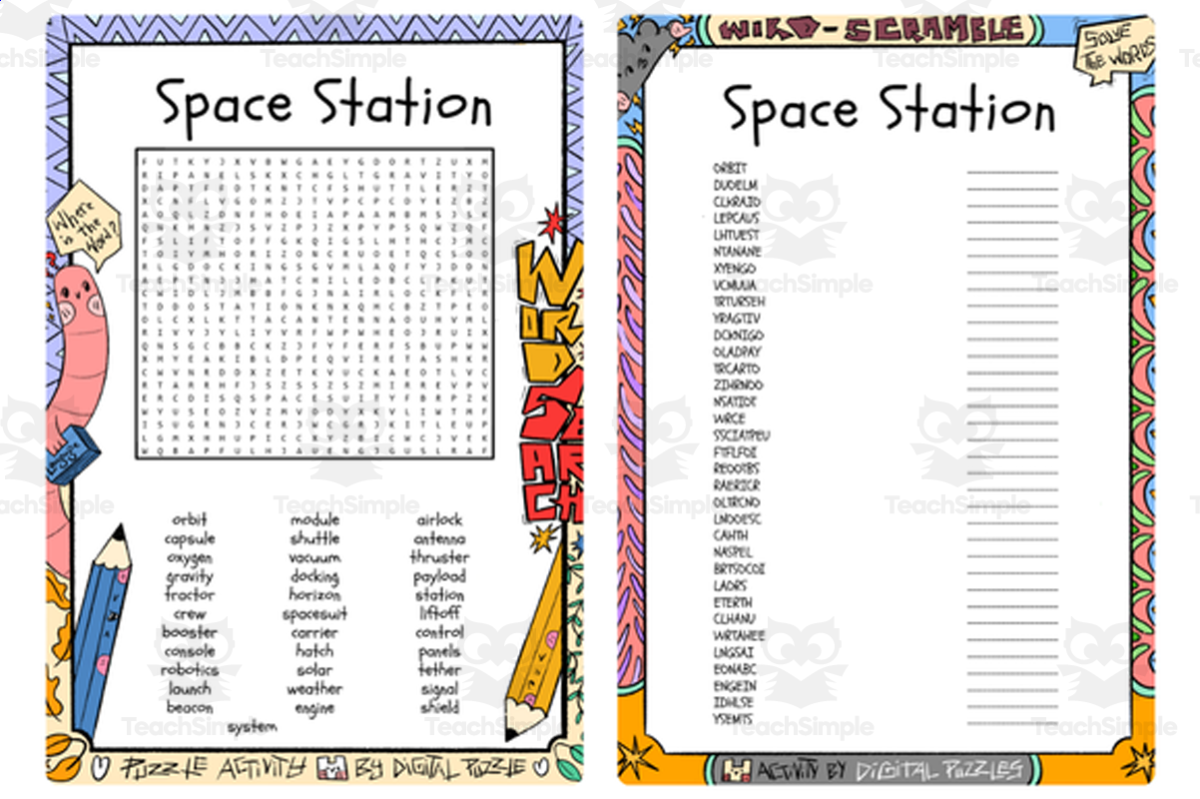 An educational teaching resource from Lapiiin Art Activities entitled Space Station word search & scramble downloadable at Teach Simple.