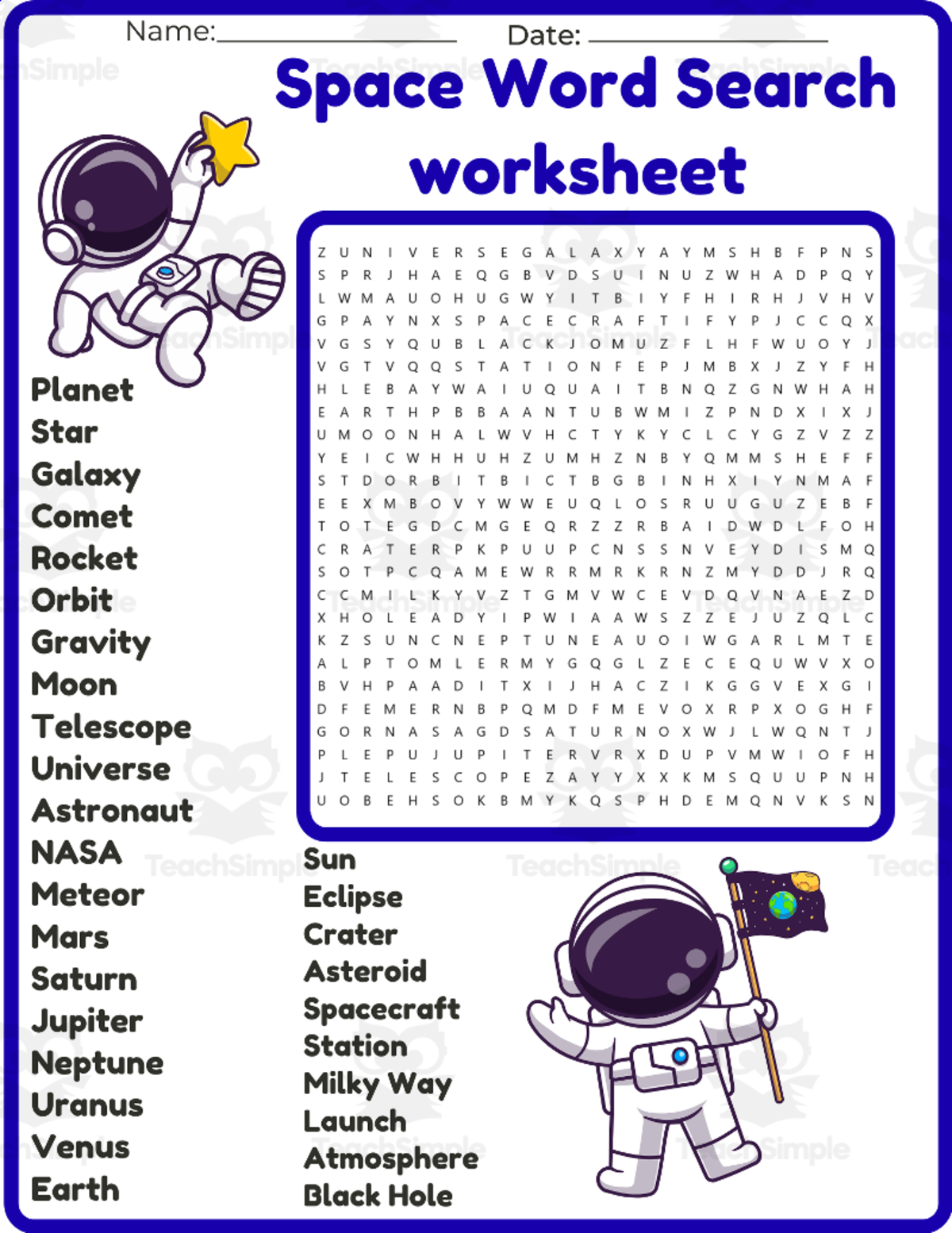 An educational teaching resource from space shope entitled Space Word Search worksheet activity downloadable at Teach Simple.