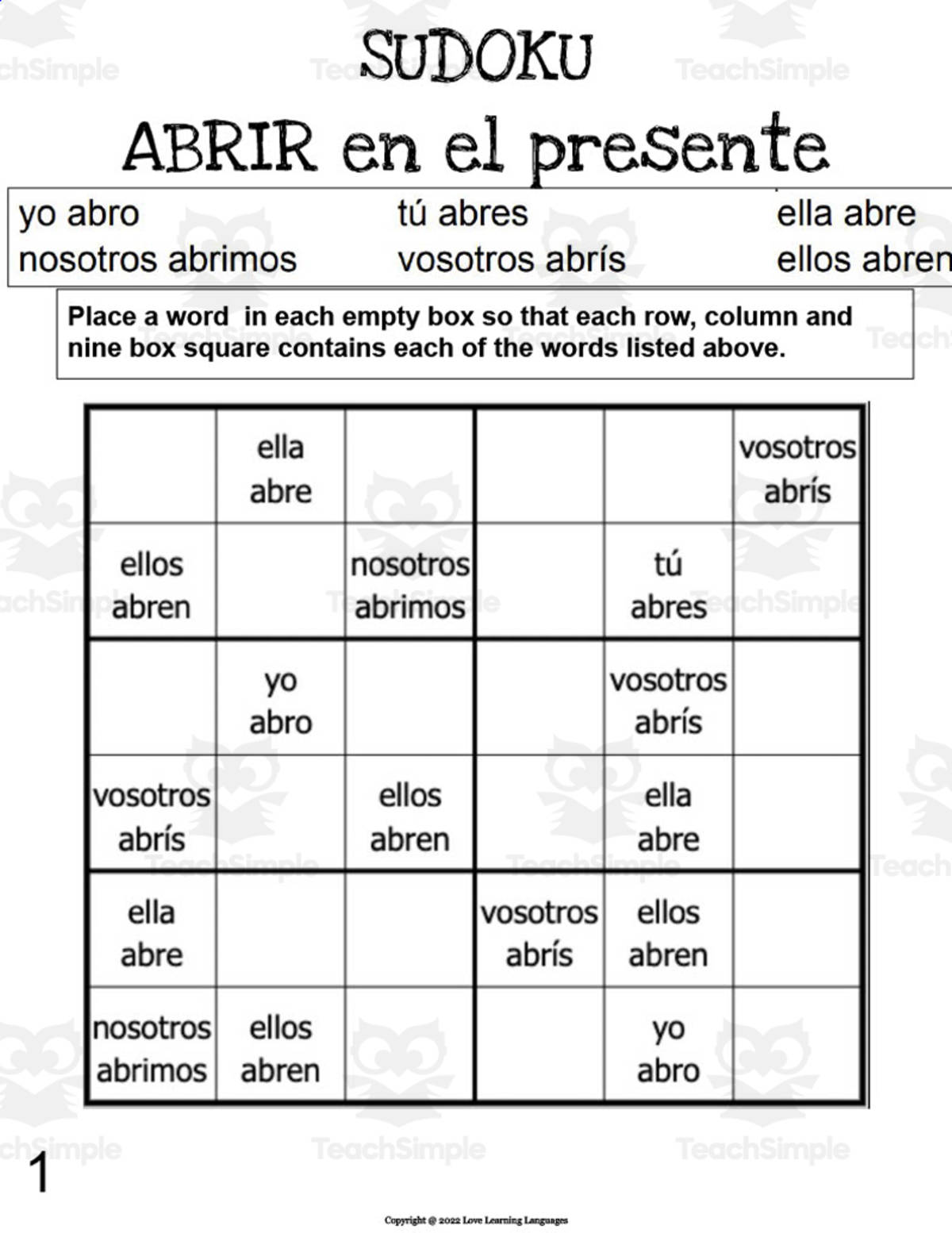 An educational teaching resource from Love Learning Languages entitled Spanish: ABRIR Present Tense Sudoku downloadable at Teach Simple.