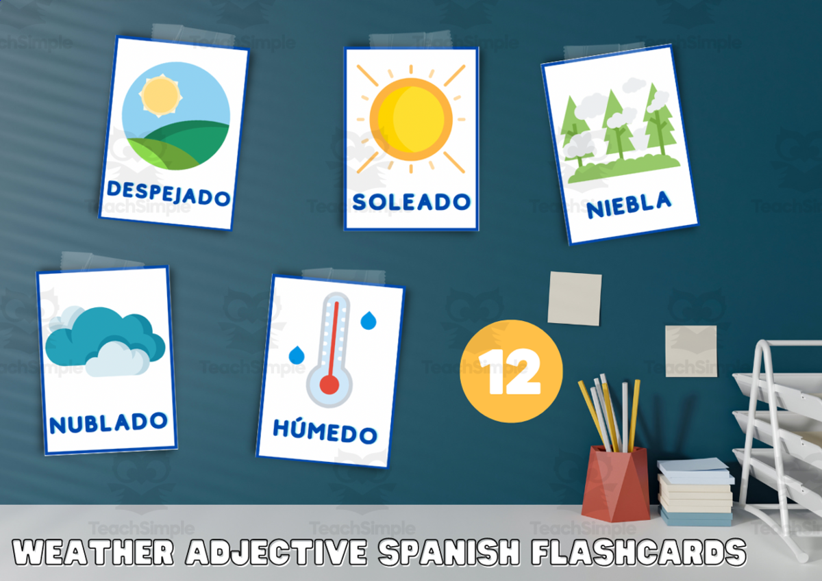 An educational teaching resource from Primary 206 Mix entitled Spanish Adjective Weather Words Flash Cards downloadable at Teach Simple.