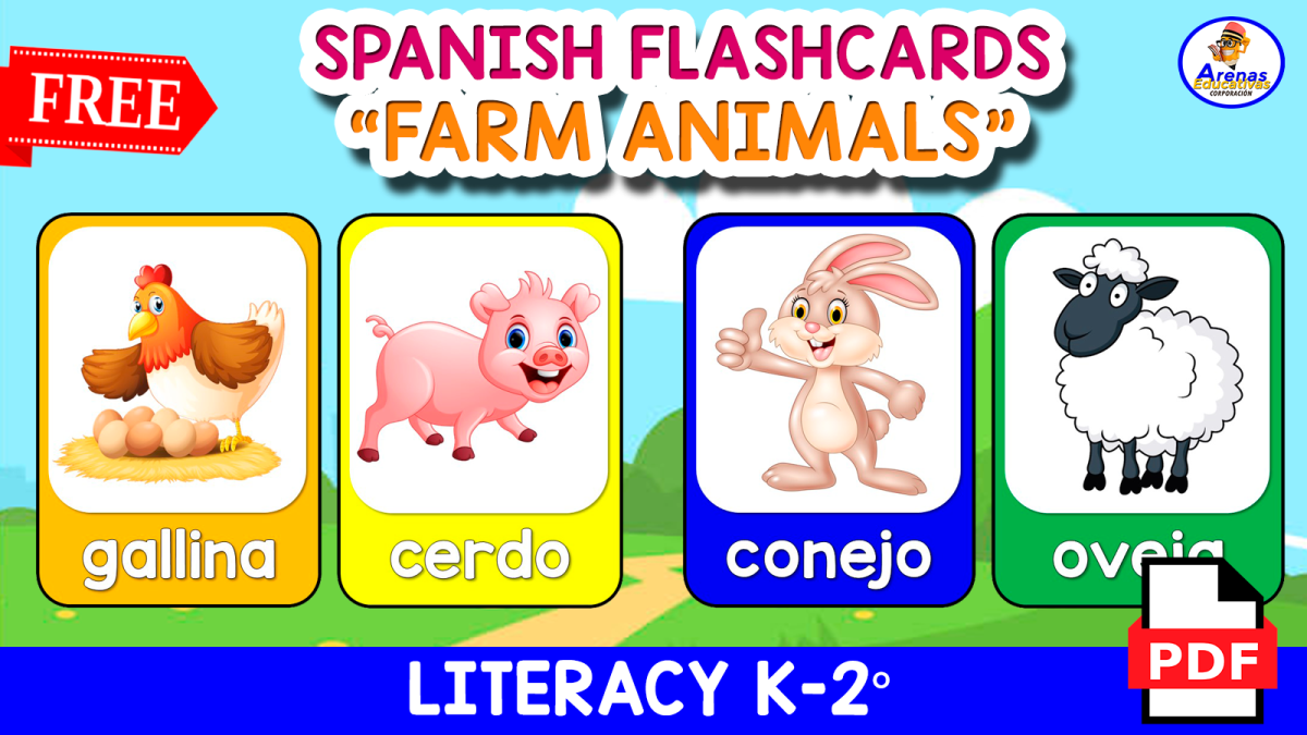 An educational teaching resource from EDITORIAL LAURA EDUCA entitled SPANISH ALPHABET FLASHCARDS of FARM ANIMALS | 14 words downloadable at Teach Simple.