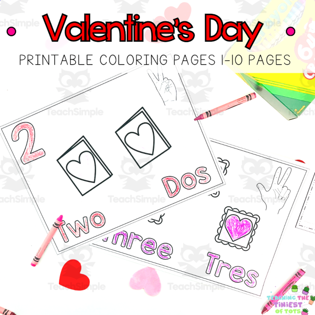 An educational teaching resource from Teaching the Tiniest of Tots entitled Spanish and English: Valentine’s Day Coloring Pages Math Count and Color |Preschool Classroom ideas downloadable at Teach Simple.