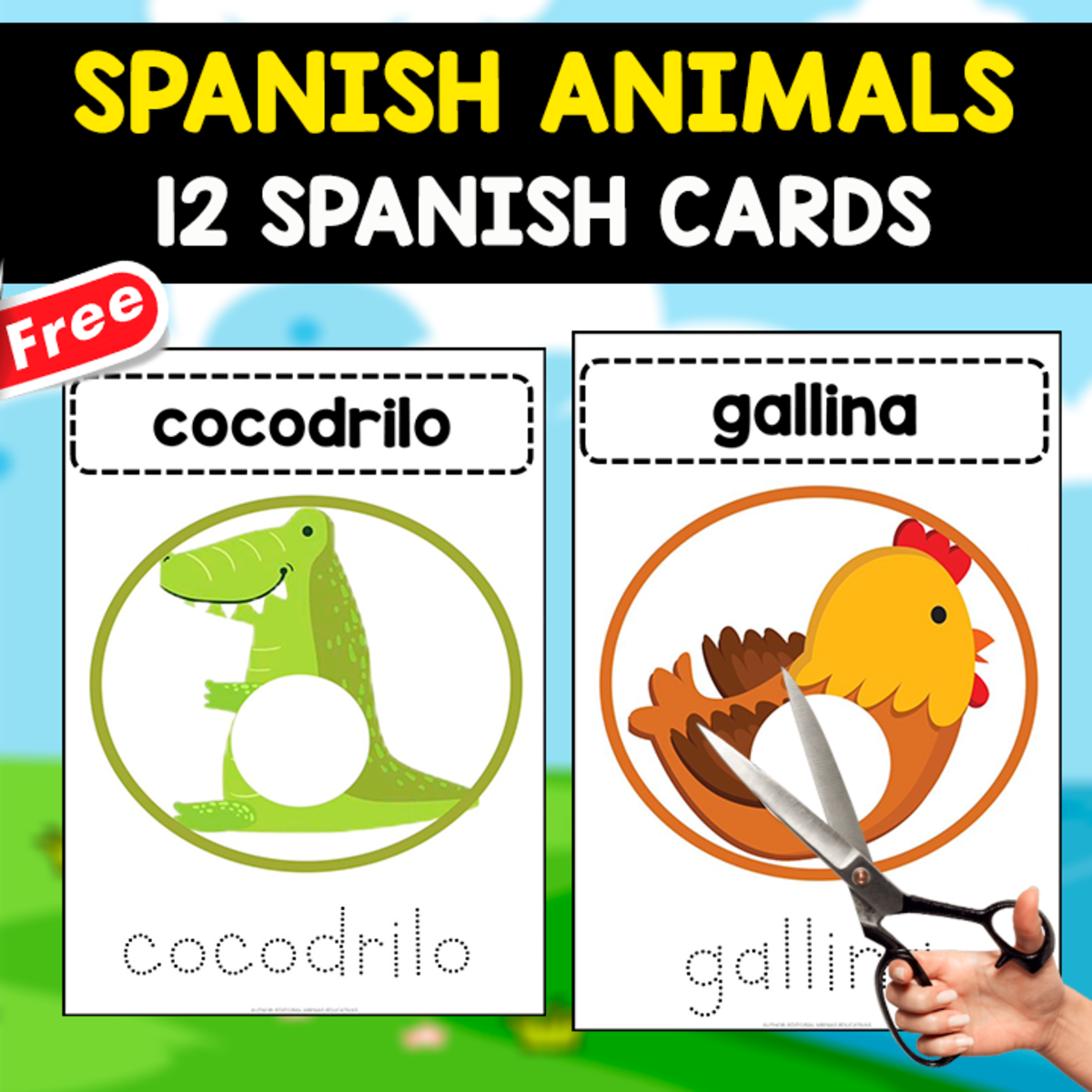 An educational teaching resource from EDITORIAL LAURA EDUCA entitled SPANISH ANIMALS | 12 FREE SPANISH FLASHCARDS + GAME downloadable at Teach Simple.