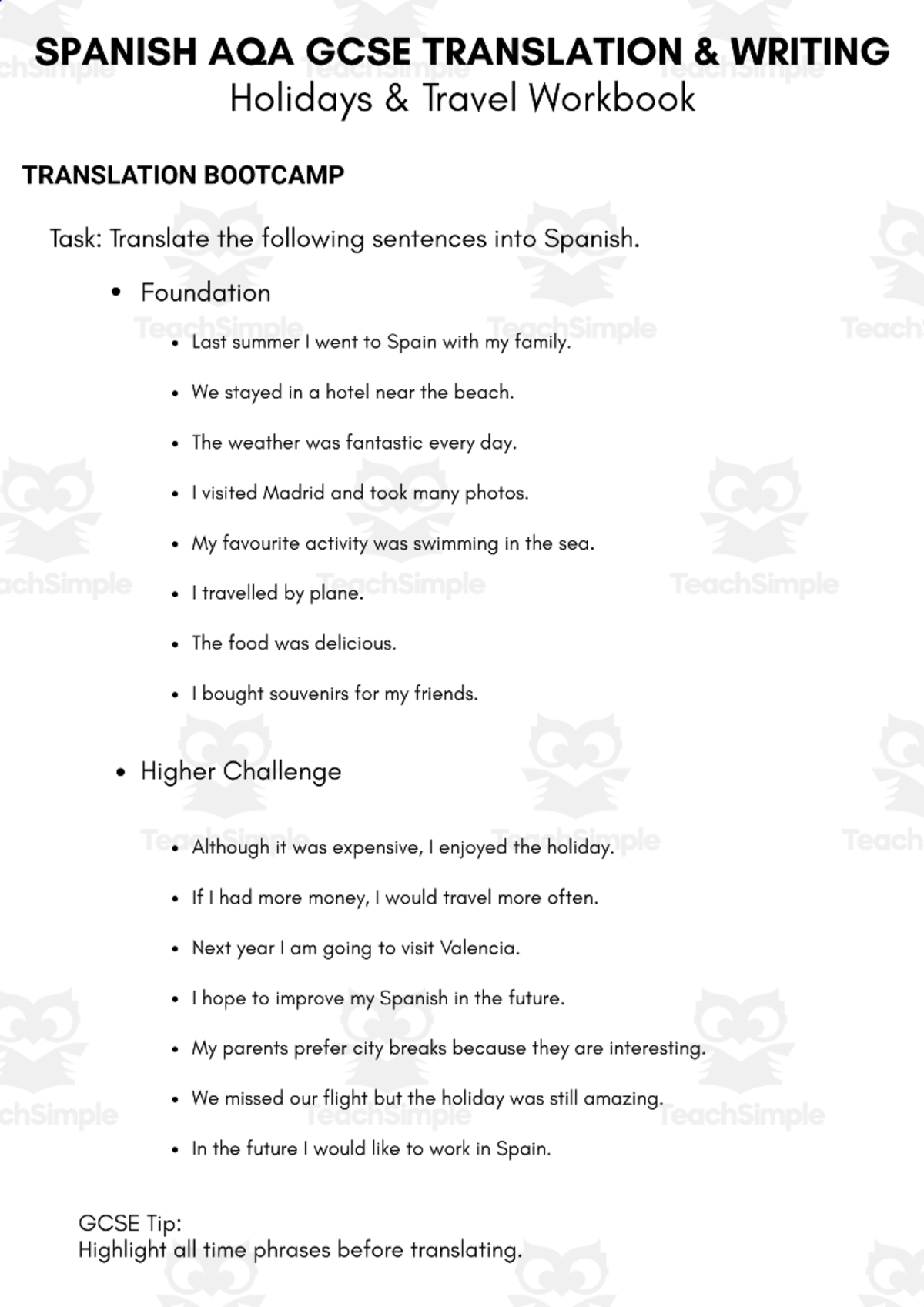 An educational teaching resource from MultiLingual Grammar Lab entitled Spanish AQA GCSE Translation & Writing Workbook downloadable at Teach Simple.