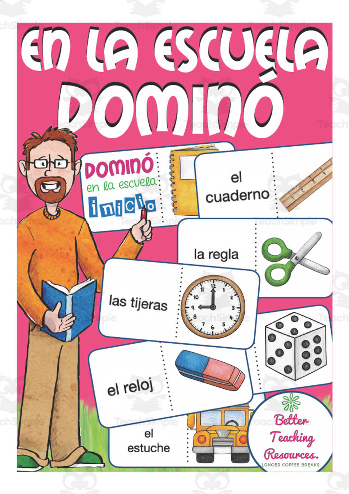 An educational teaching resource from Better Teaching Resources entitled Spanish: At School Domino Game | Vocabulary Practice Activity downloadable at Teach Simple.