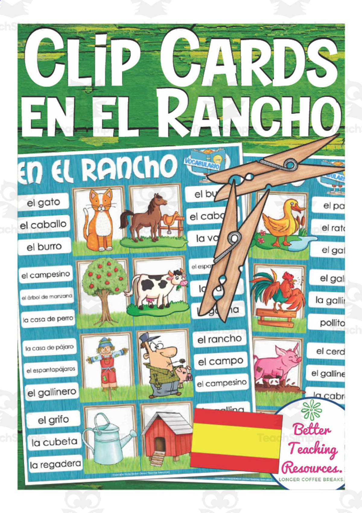 An educational teaching resource from Better Teaching Resources entitled Spanish: At the Ranch Clip Cards | Vocabulary Practice Activity downloadable at Teach Simple.