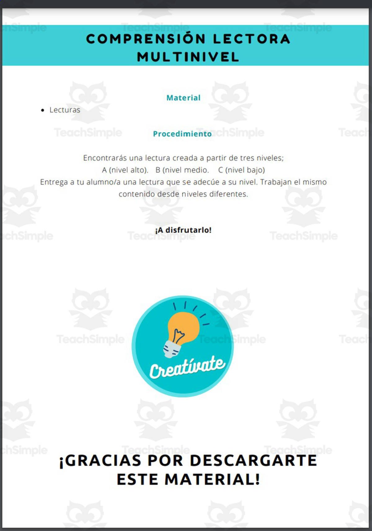 An educational teaching resource from Educación Creativa entitled Spanish: Comprensión Lectora Multinivel - Reading Comprehension Multilevel downloadable at Teach Simple.
