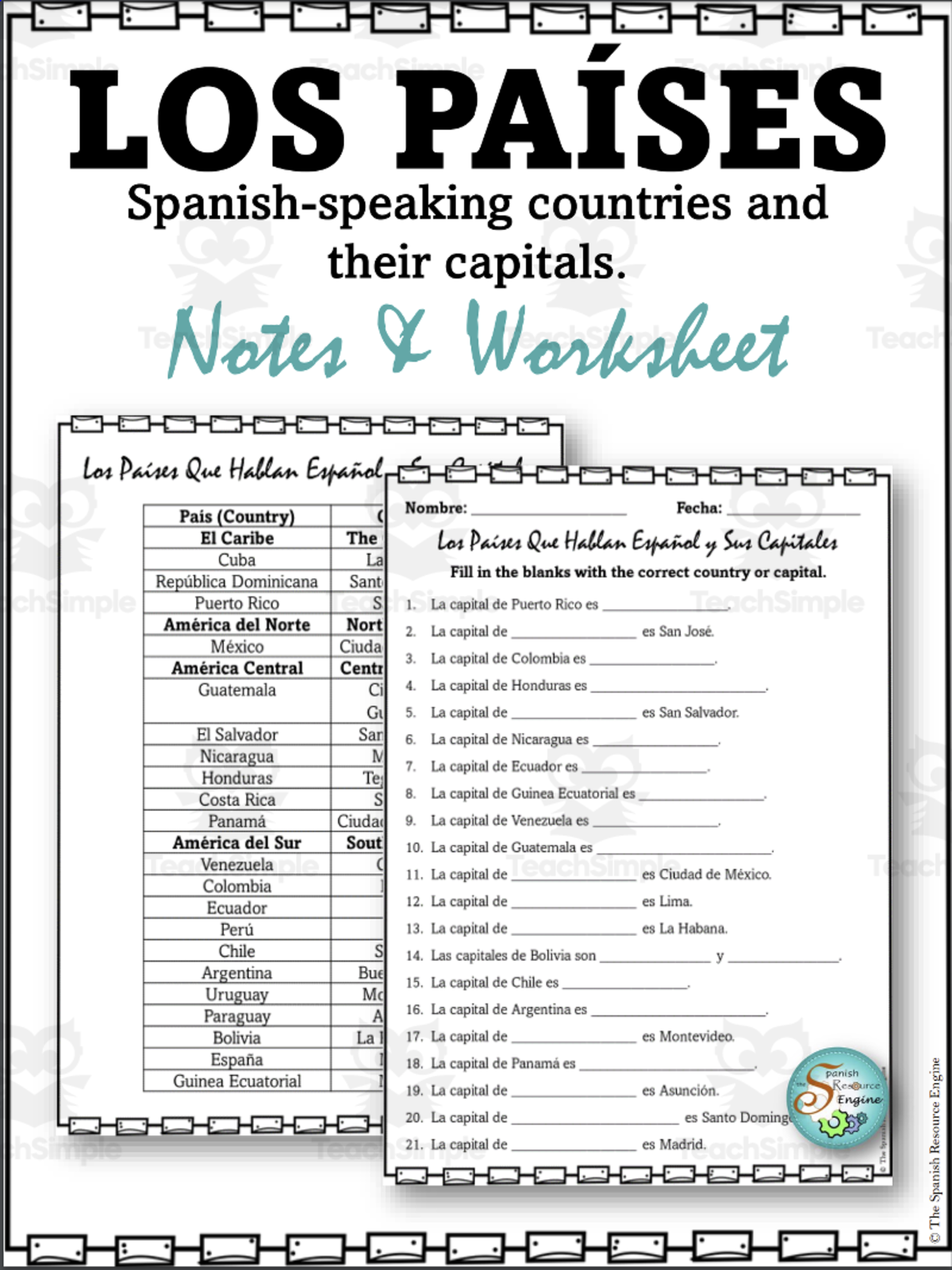 An educational teaching resource from The Spanish Resource Engine entitled Spanish: Coutries and Capitals Speaking Spanish downloadable at Teach Simple.