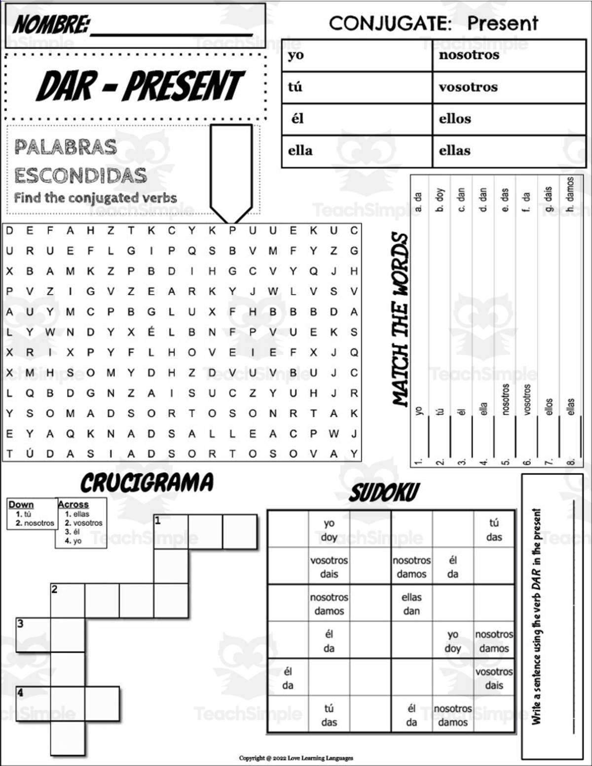 An educational teaching resource from Love Learning Languages entitled Spanish: Dar Conjugation Worksheet downloadable at Teach Simple.