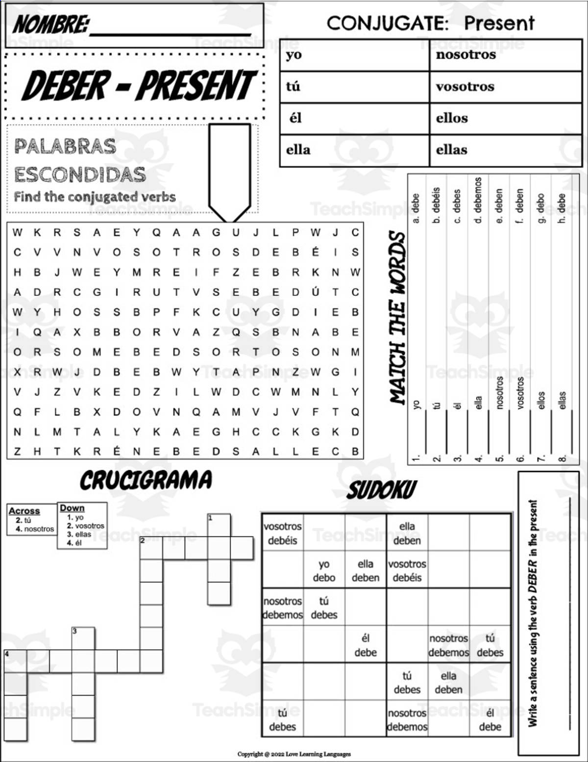An educational teaching resource from Love Learning Languages entitled Spanish: Deber Conjugation Worksheet downloadable at Teach Simple.