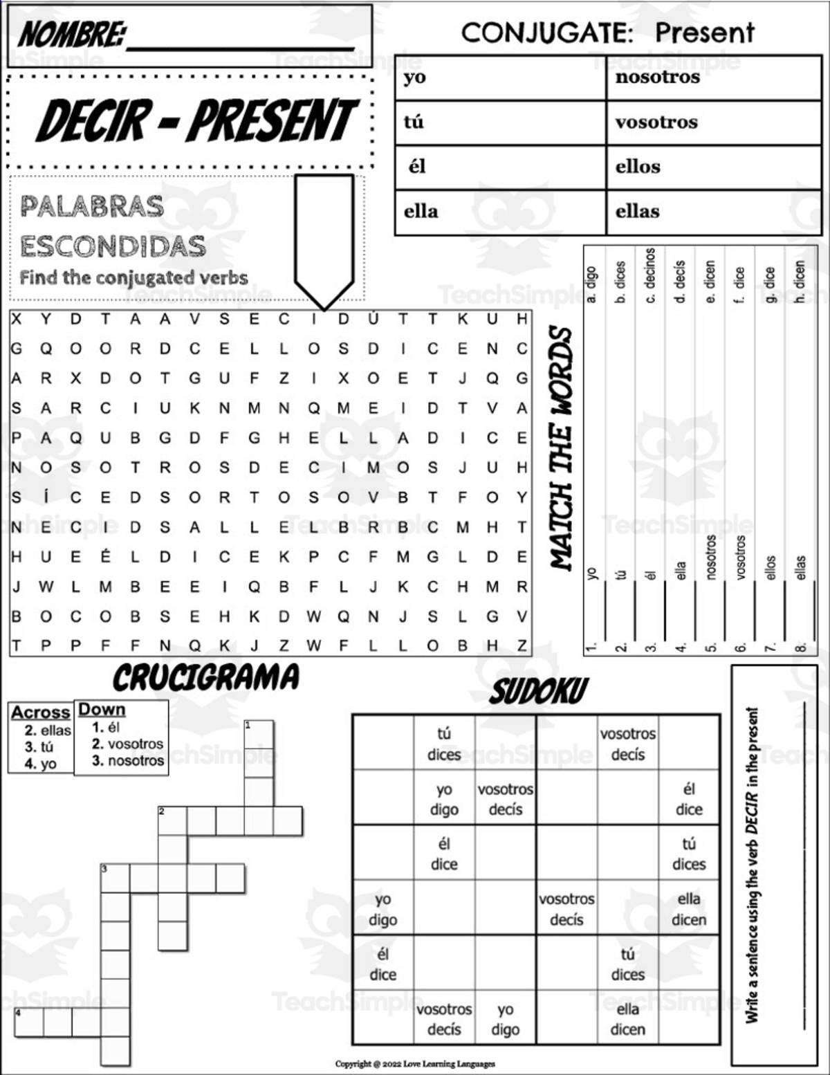 An educational teaching resource from Love Learning Languages entitled Spanish: DECIR Conjugation Worksheet downloadable at Teach Simple.