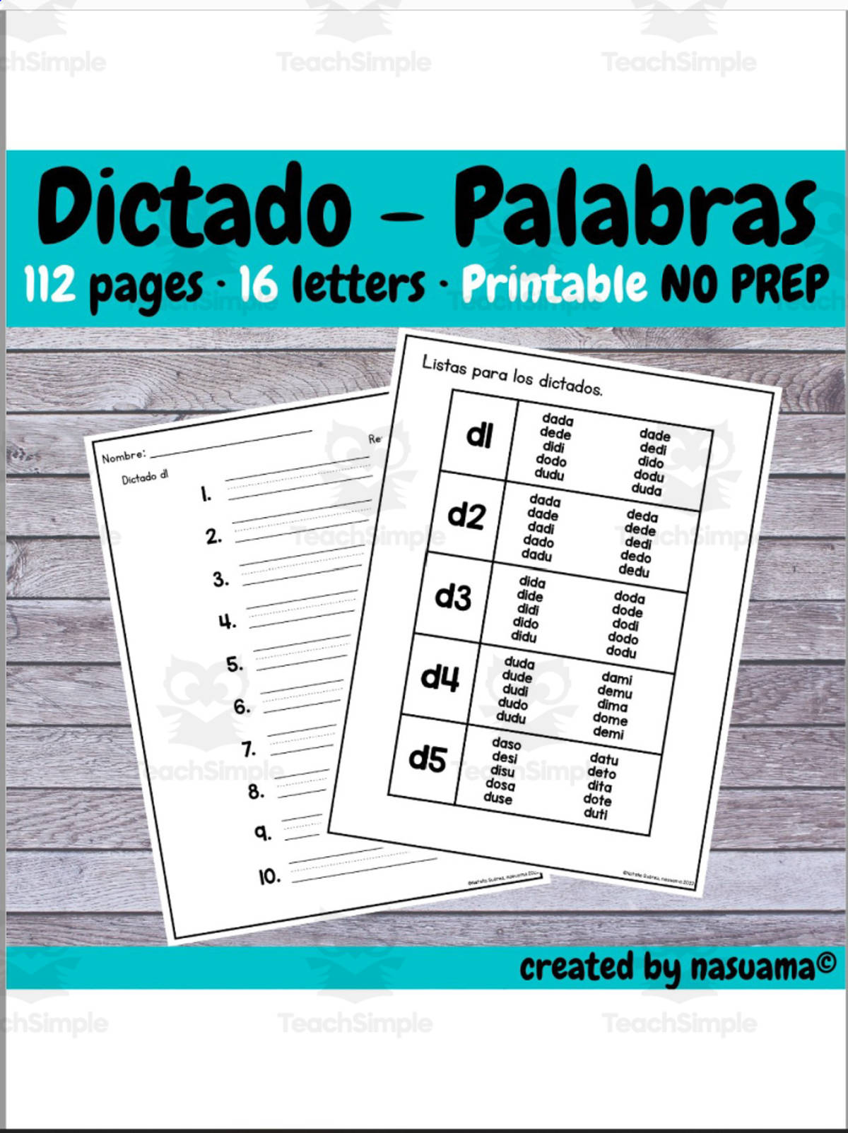 An educational teaching resource from Natalia entitled Spanish: Dictado de Palabras downloadable at Teach Simple.