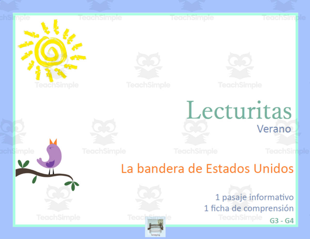 An educational teaching resource from Bridging - Spanish Reading and Writing entitled Spanish | Easy Short Stories in Spanish | Easy Spanish Reading | Spanish reading for beginners | Lectura guiada | Cuentos | La bandera de Estados Unidos downloadable at Teach Simple.