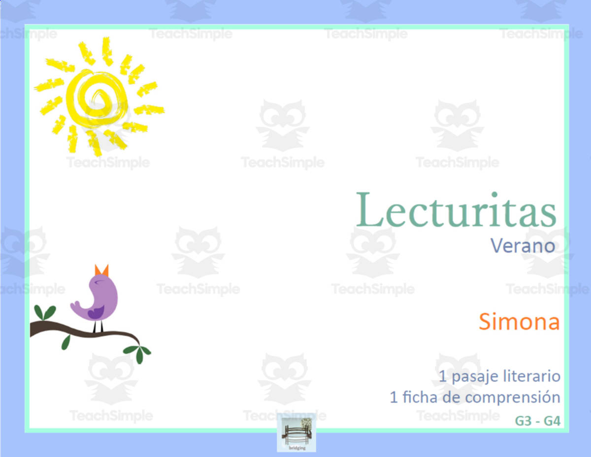 An educational teaching resource from Bridging - Spanish Reading and Writing entitled Spanish | Easy Short Stories in Spanish | Lectura Lecturita Verano Spanish Reading Comprehension Comprensión lectora downloadable at Teach Simple.