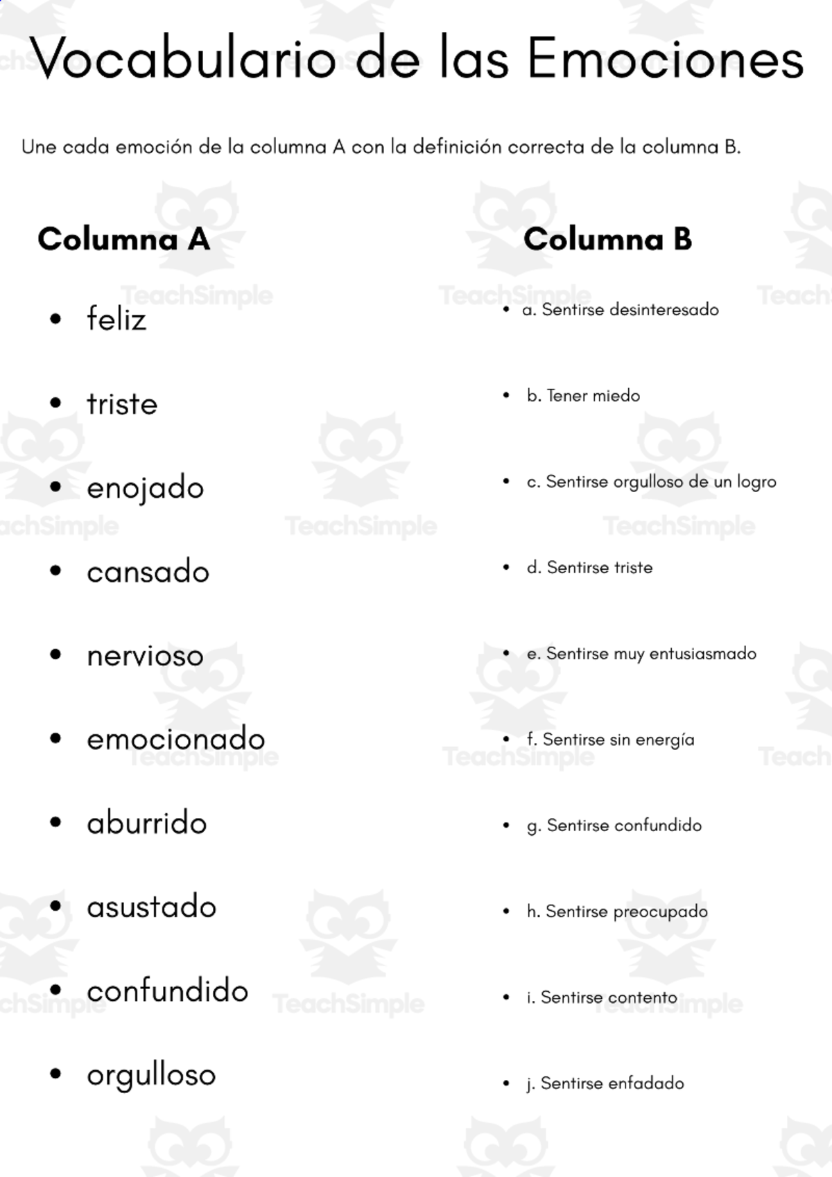 An educational teaching resource from MultiLingual Grammar Lab entitled Spanish Emotions Vocabulary Worksheet - Vocabulario de las Emociones downloadable at Teach Simple.