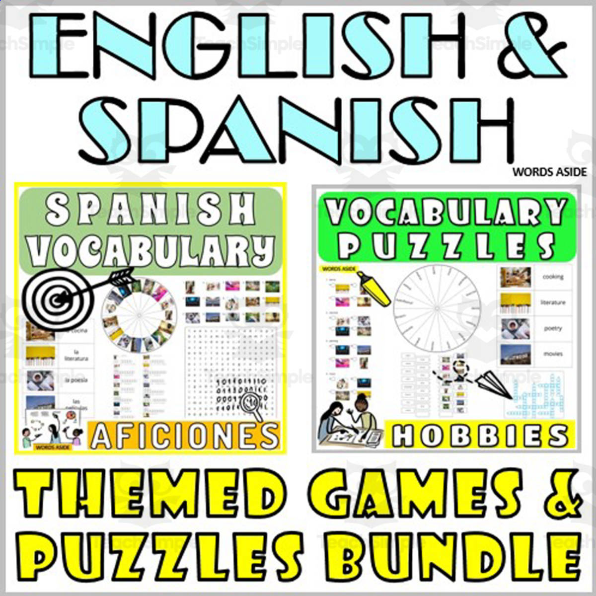 An educational teaching resource from WORDS ASIDE entitled Spanish English Bilingual Vocabulary Activities HOBBIES downloadable at Teach Simple.