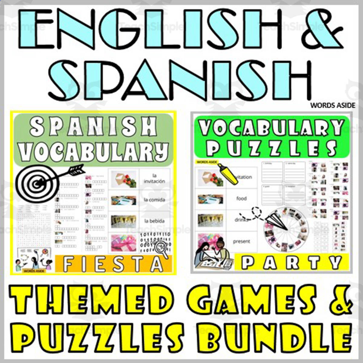 An educational teaching resource from WORDS ASIDE entitled Spanish English Bilingual Vocabulary Activities PARTY downloadable at Teach Simple.