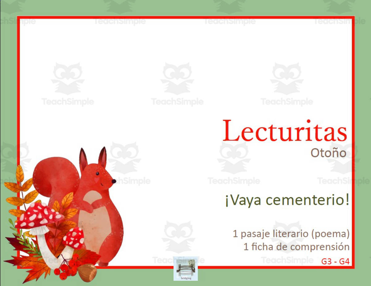 An educational teaching resource from Bridging - Spanish Reading and Writing entitled Spanish | Espanol | Bridging Lecturita Otoño Spanish Reading Comprehension Comprensión lectora ¡Vaya cementerio! downloadable at Teach Simple.