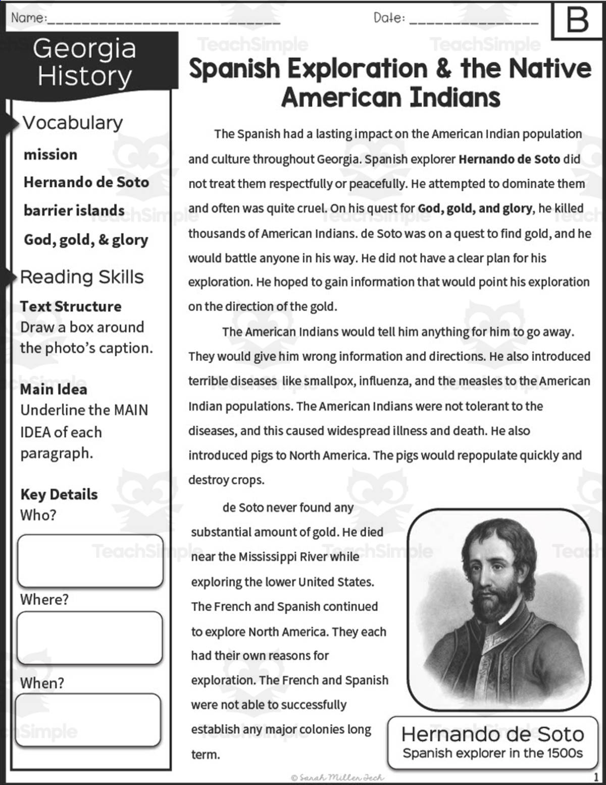 An educational teaching resource from Sarah Miller Tech entitled Spanish Exploration + the Native American Indians Reading Packet downloadable at Teach Simple.