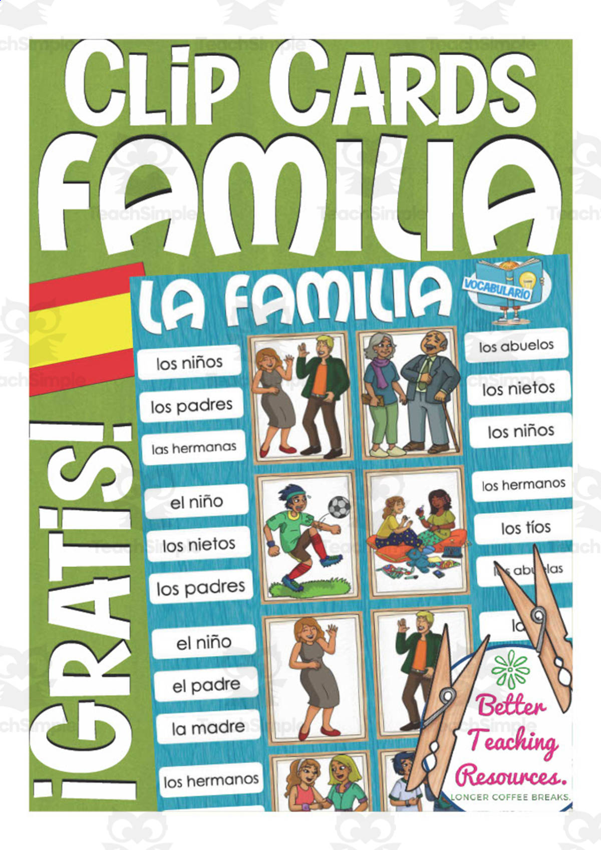 An educational teaching resource from Better Teaching Resources entitled Spanish: Family Clip Cards | Vocabulary Practice Activity downloadable at Teach Simple.